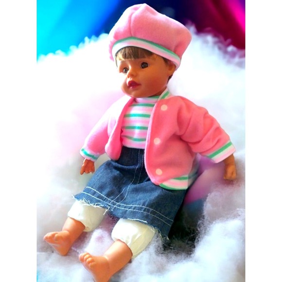 Excite USA Baby Doll Girl W Pink Coat Hat Denim Skirt 16" Soft Body Plastic Face - Picture 2 of 9